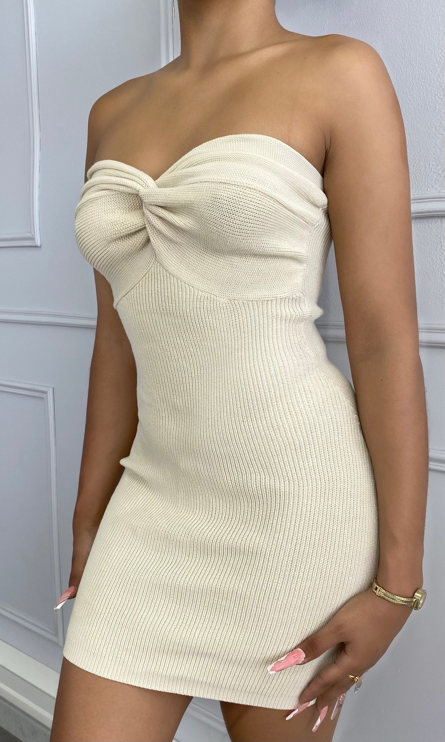 Robe beige tricot bustier mini