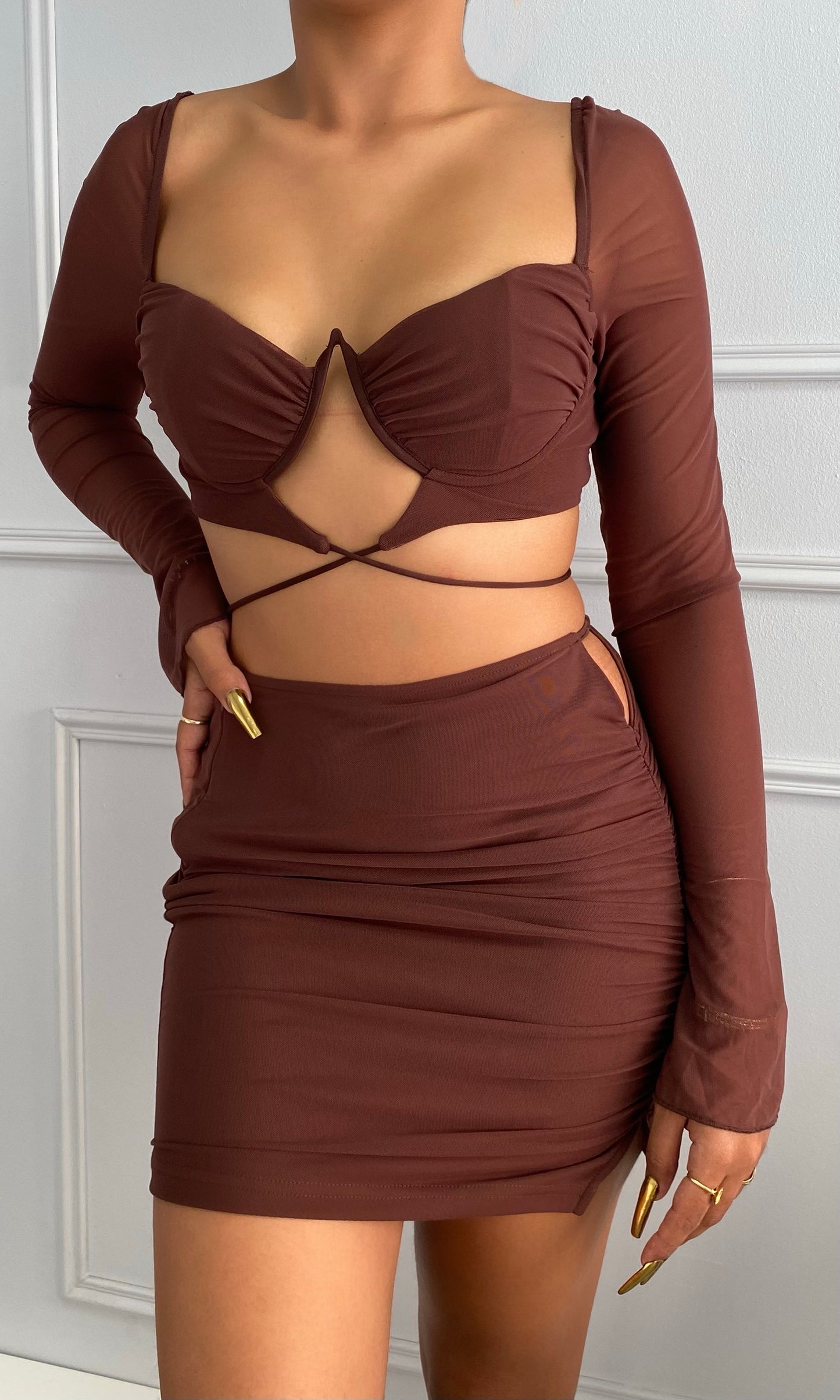 Ensemble jupe manches longues marron